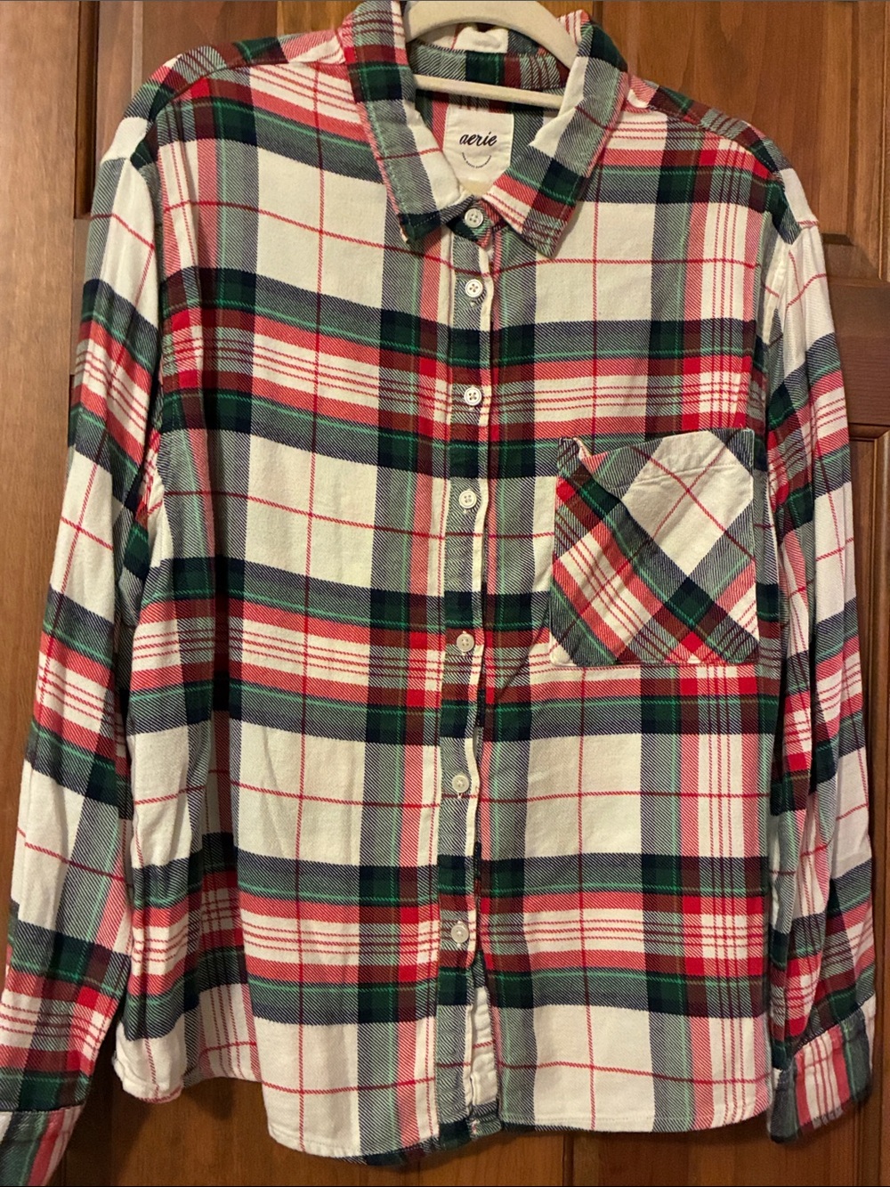 Aerie Women’s Cream, Red & Green Plaid Button-Up Flannel Shirt